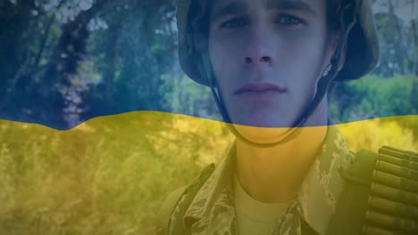 animation of flag of ukraine over caucasian male soldier with weapon