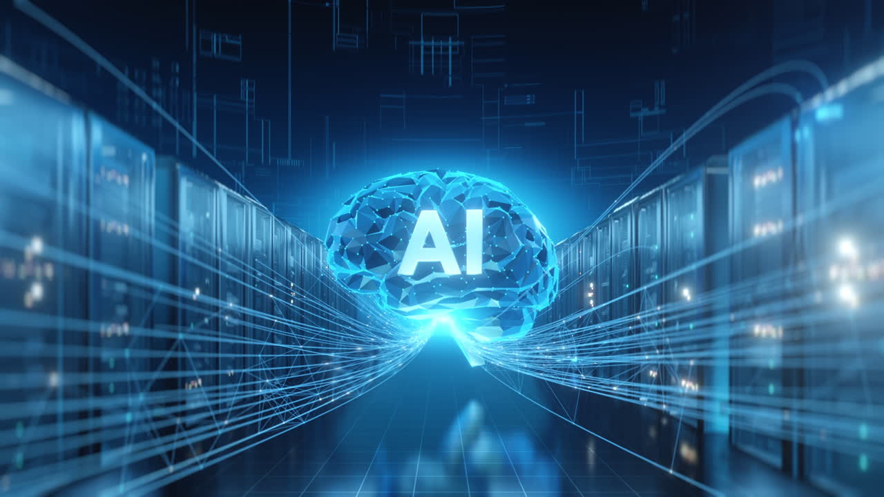 Abstract concept of Artificial Intelligence represented by a glowing brain structure within a data center environment, connected by futuristic network lines to server racks