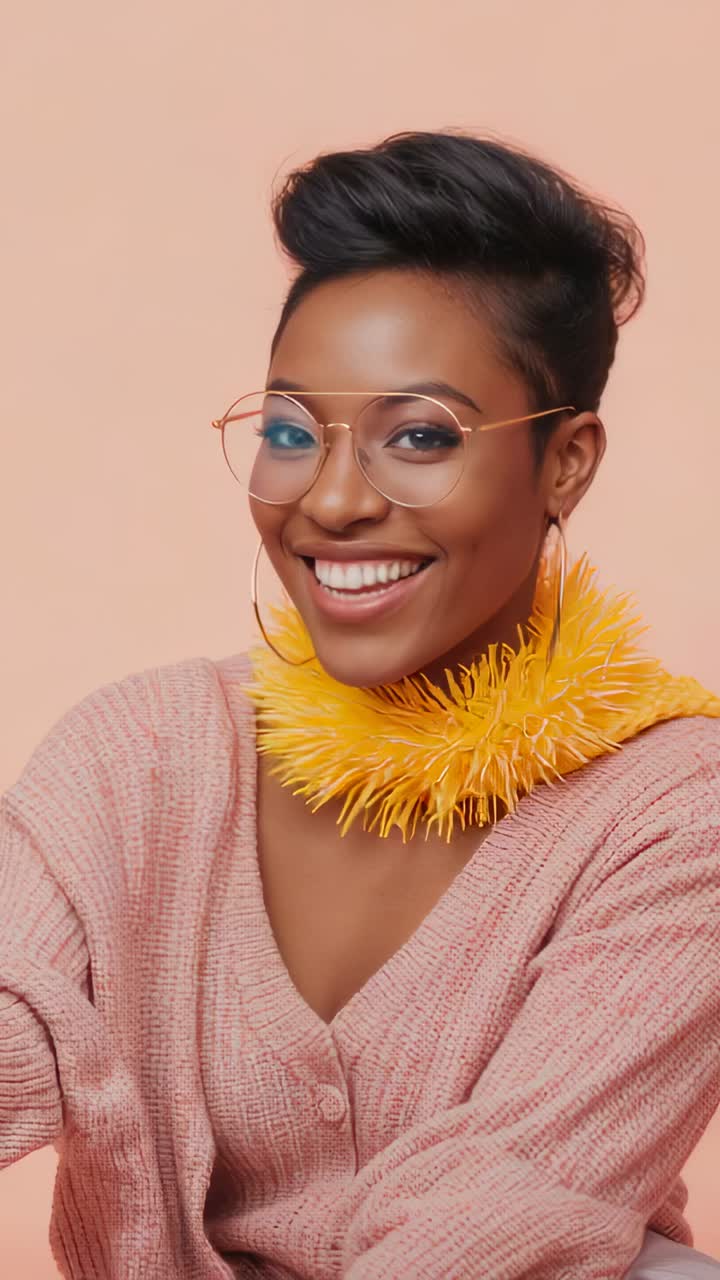 Vertical video: On cue laughing woman in studio turning to camera wearing cardigan, yellow collar