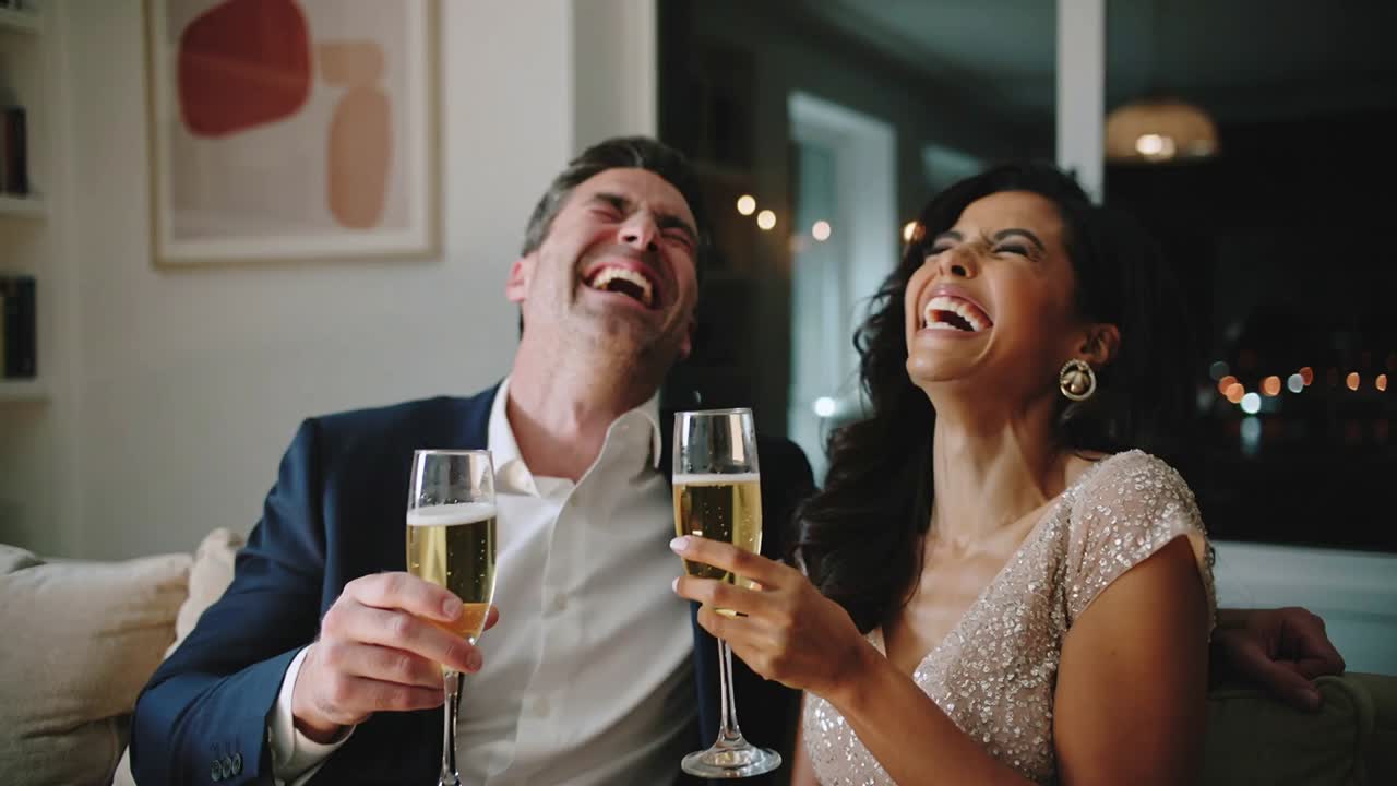 Laughing couple in formal attire reacting to funny comment while clinking champagne flutes on sofa