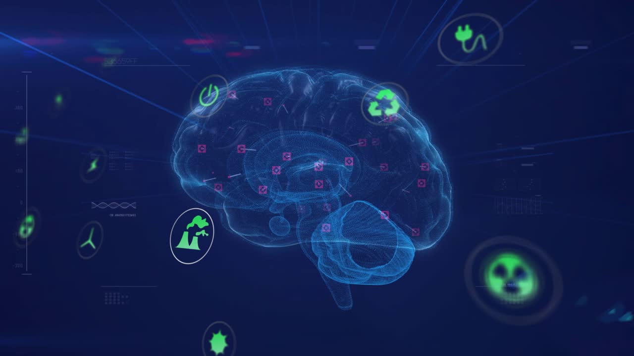 HUD pulse activating nodes, blue brain hologram rotating, linking icons, mapping environmental data