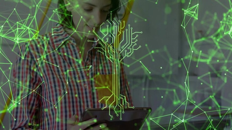 Woman tapping tablet in tech lab upon pulsing circuit-tree graphic initiating digital simulation