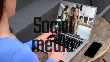 Animation-of-social-media-over-caucasian-woman-having-video-call-on-laptop