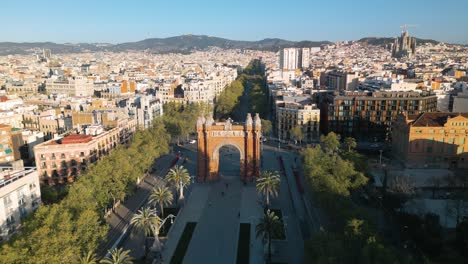 fixed aerial view of arc de triumph in barcelona, spain