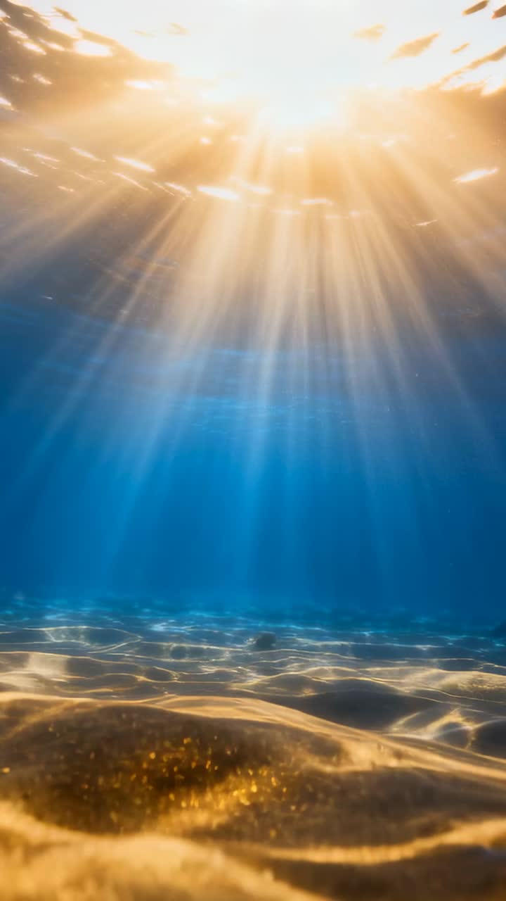 Vertical video: Sun hitting sea sending beams, caustics moving over rippled sand and silt at seabed