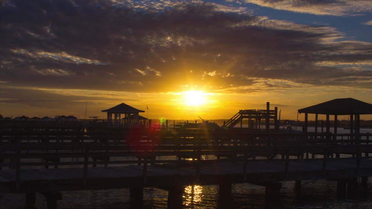 Golden Hour Sunset Over Pier By The Beach. time-lapse
