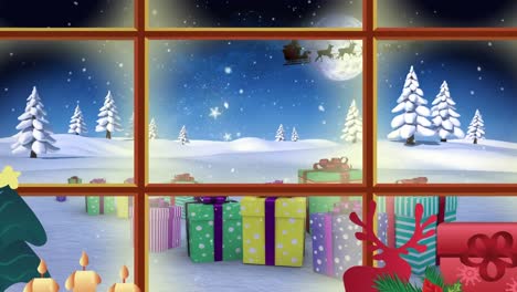 Animation-Von-Geschenken-über-Der-Winterlandschaft-Und-Weihnachtsmann-Mit-Rentieren