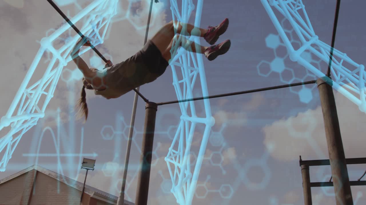 Female athlete gripping pull-up bar and swinging body through urban digital strength overlay
