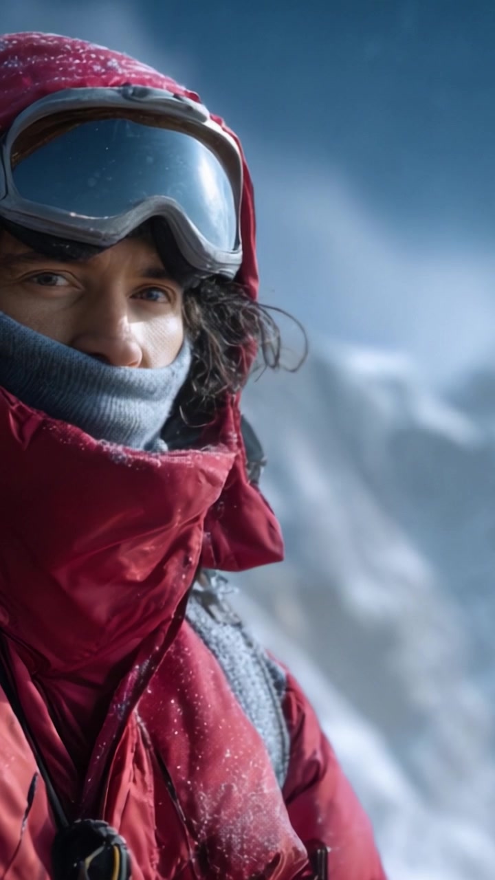 Un alpinista determinato si staglia contro uno splendido sfondo innevato, mostrando resilienza e spirito d'avventura in condizioni estreme tra montagne imponenti e venti gelidi.