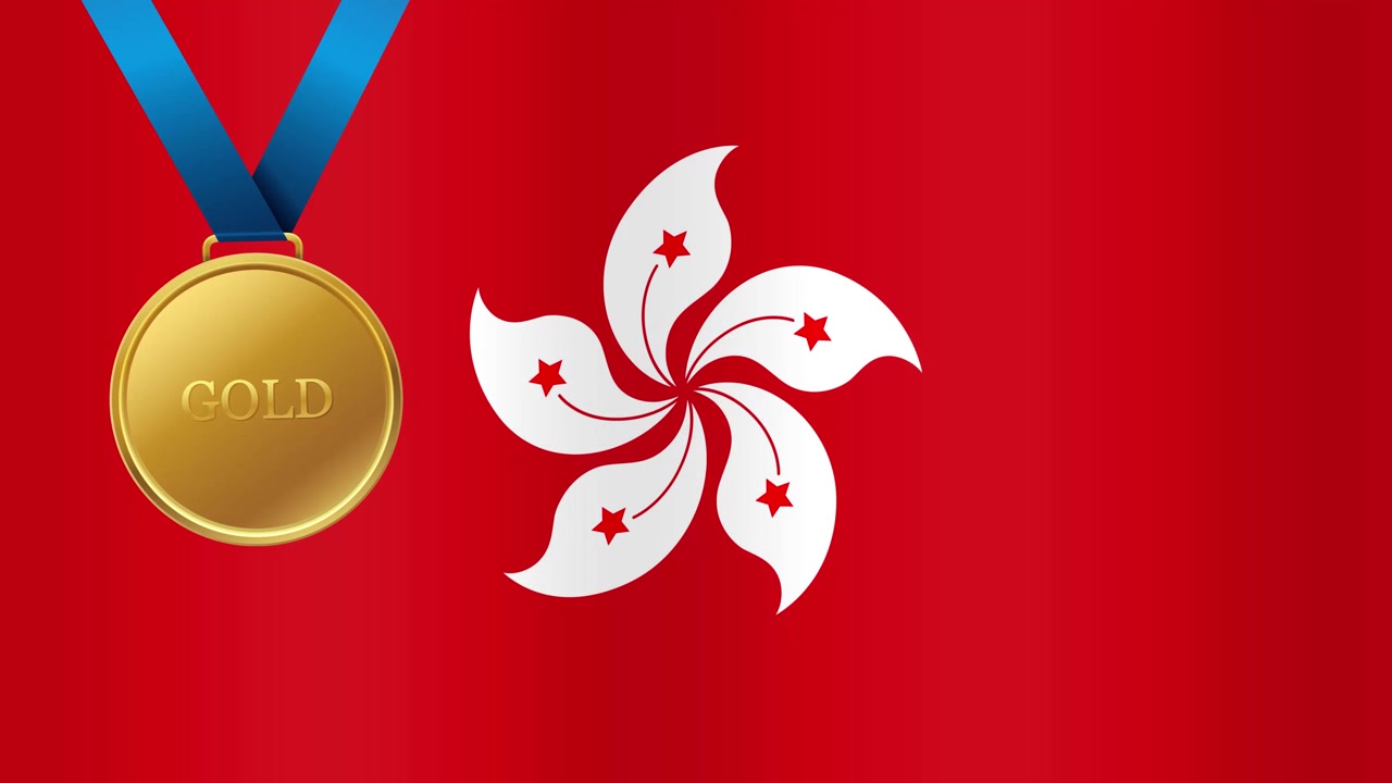 Sfondo con bandiera di Hong Kong sventolante, con una medaglia d'oro e un nastro blu