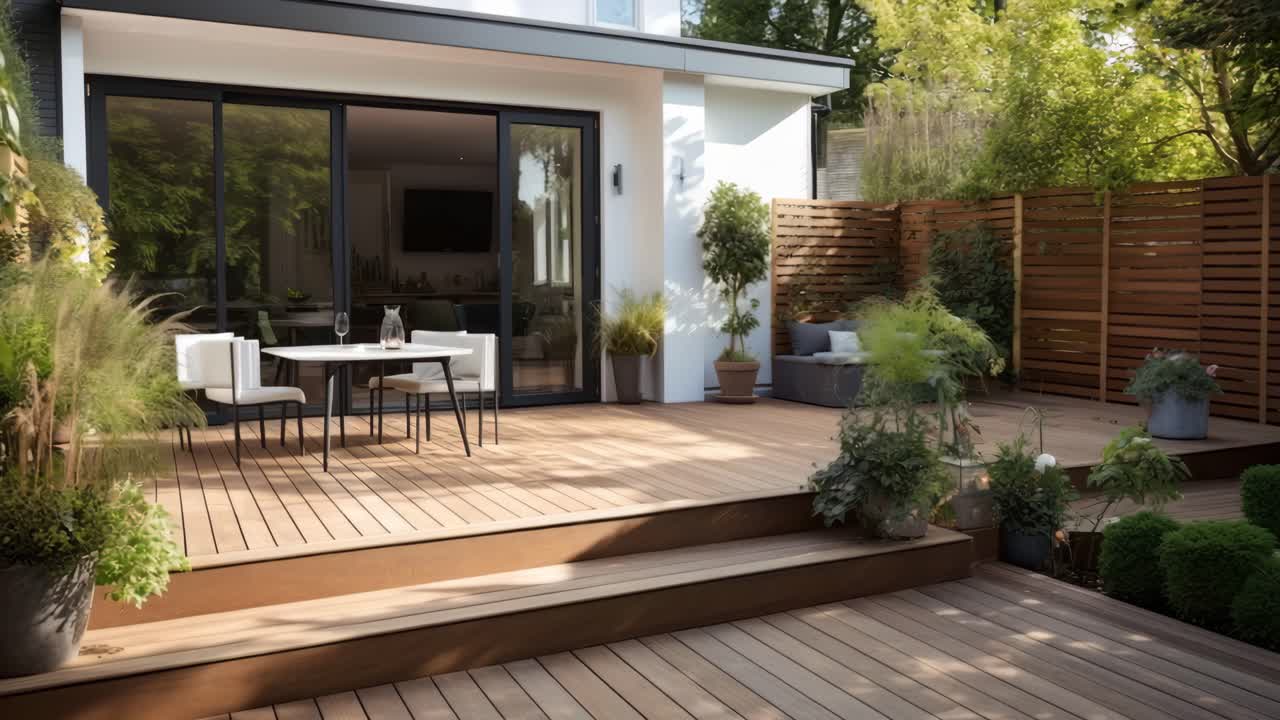 Modern patio with wooden decking, stylish furniture, and lush greenery