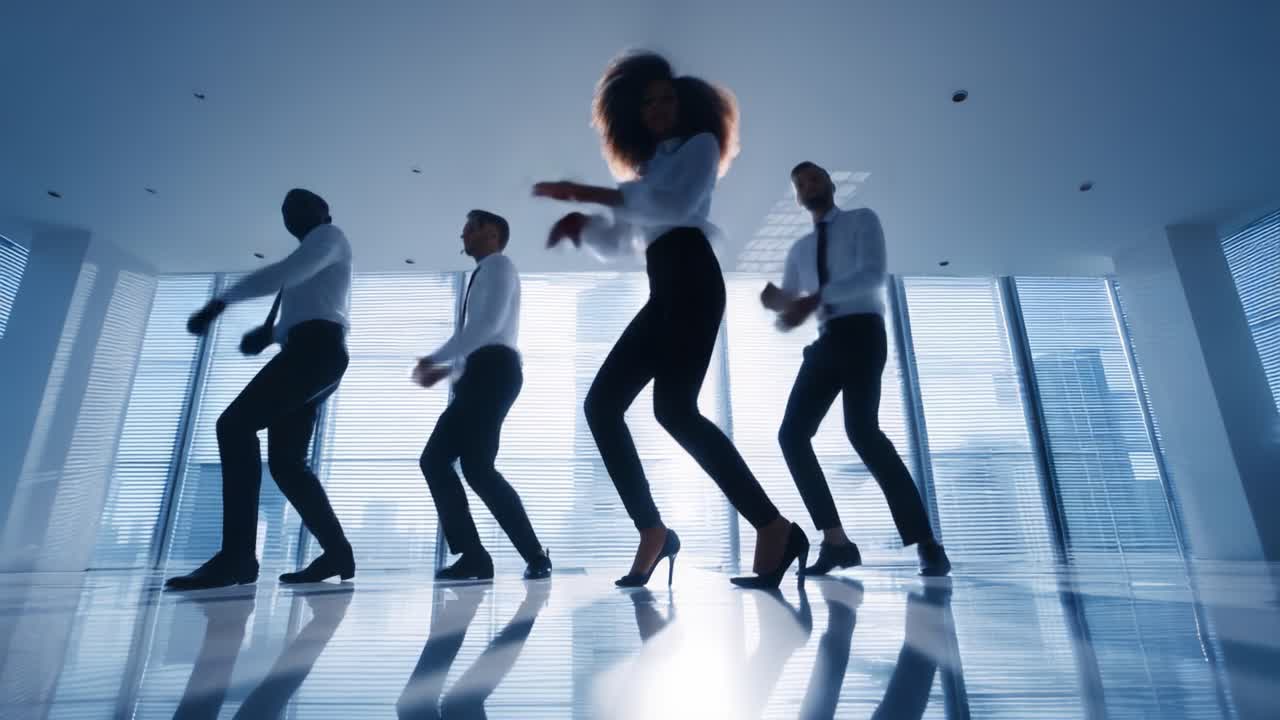 A group of stylish dancers perform synchronized movements in a bright, modern space, showcasing their energy and rhythm against a backdrop of city skyline through large windows