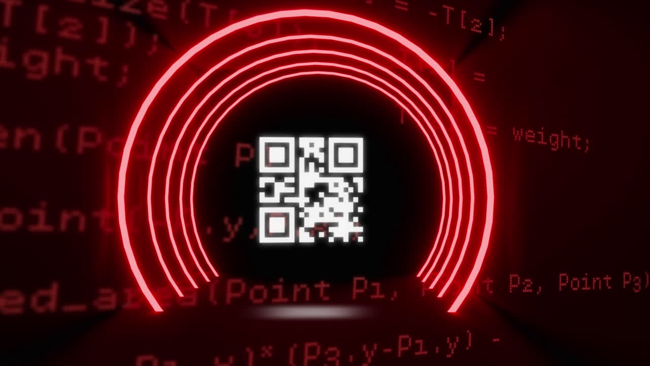 QR code scanner with neon elements against data processing