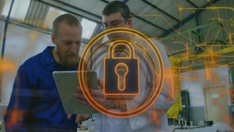 Animation-of-security-padlock-icon-over-two-diverse-discussing-over-digital-tablet-and-shaking-hands