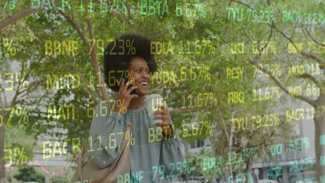 Animation-of-stock-market-data-moving-over-african-american-woman-with-coffee-talking-over-cellphone