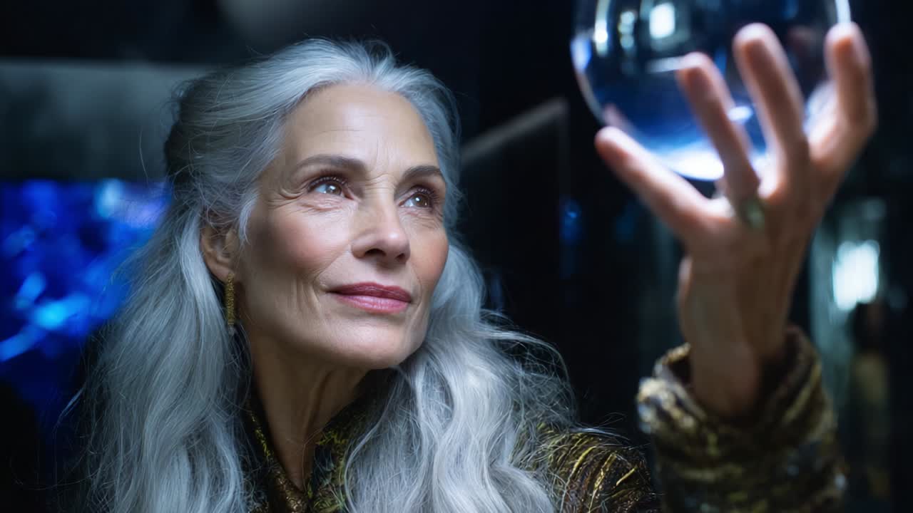 A wise woman stands gracefully with a crystal orb in her hand, her silver hair flowing elegantly as she embodies a mystical aura, showcasing the fusion of beauty and depth in a captivating moment
