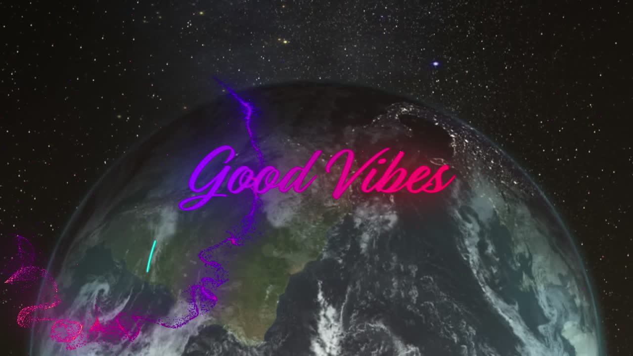 Animation of good vibes neon text over globe on black background