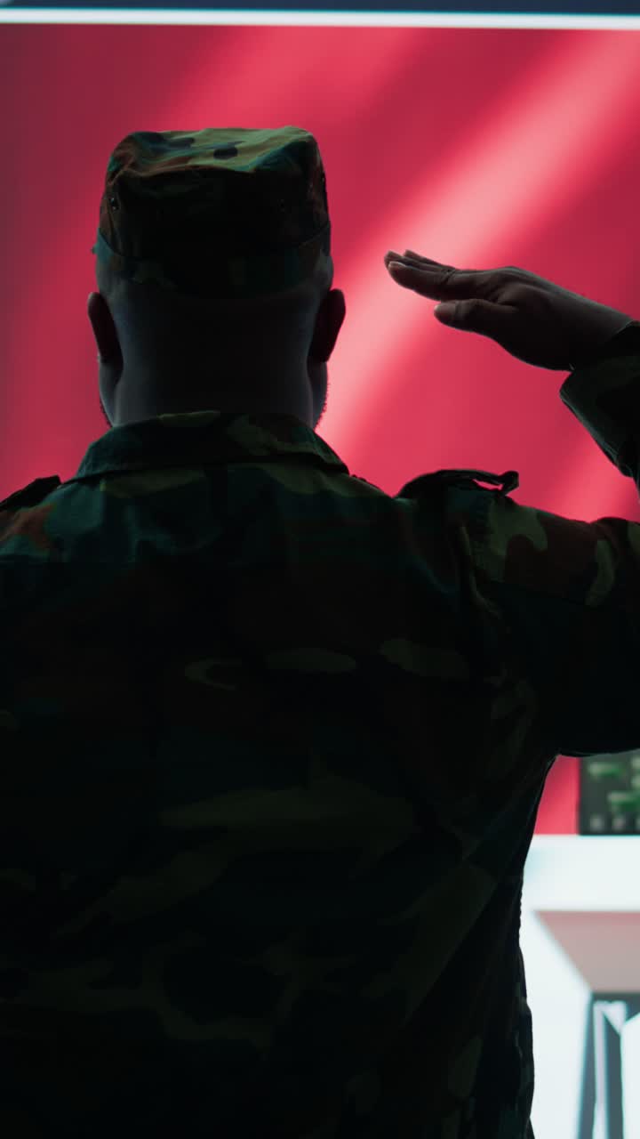 Vertical Video American army working in a command post with green screen