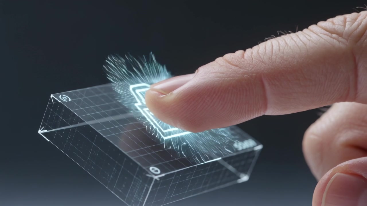 Moving right fingertip pressing lit padlock on studio hologram, unlocking with sparks, copy space