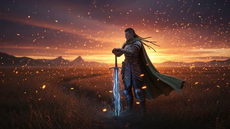 a brave warrior stands resolute against the dusk sky, clutching a glowing sword as sparks dance in the air, ready for the battle ahead in an enchanted landscape