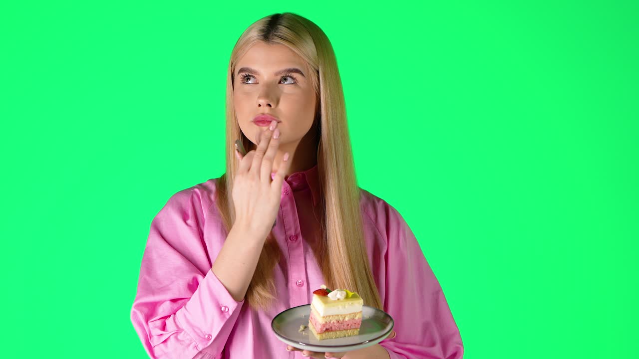 Pretty Blonde Woman Enjoying Eating Delicious Cake Dessert, Studio Portrait With Green Background