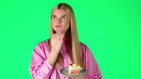 pretty blonde woman enjoying eating delicious cake dessert, studio portrait with green background