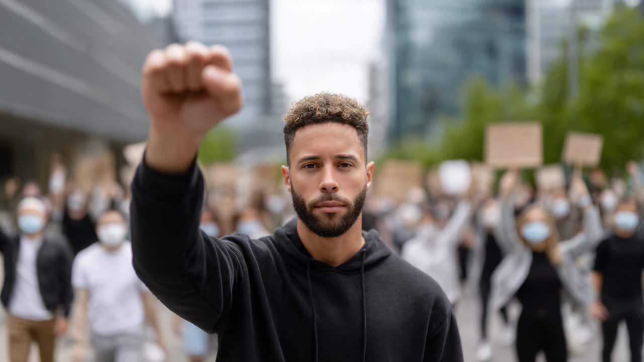 Demonstration for Justice: A Young Activist Raises a Fist in Solidarity Amongst a Crowd of Protesters Advocating for Change in a City Environment