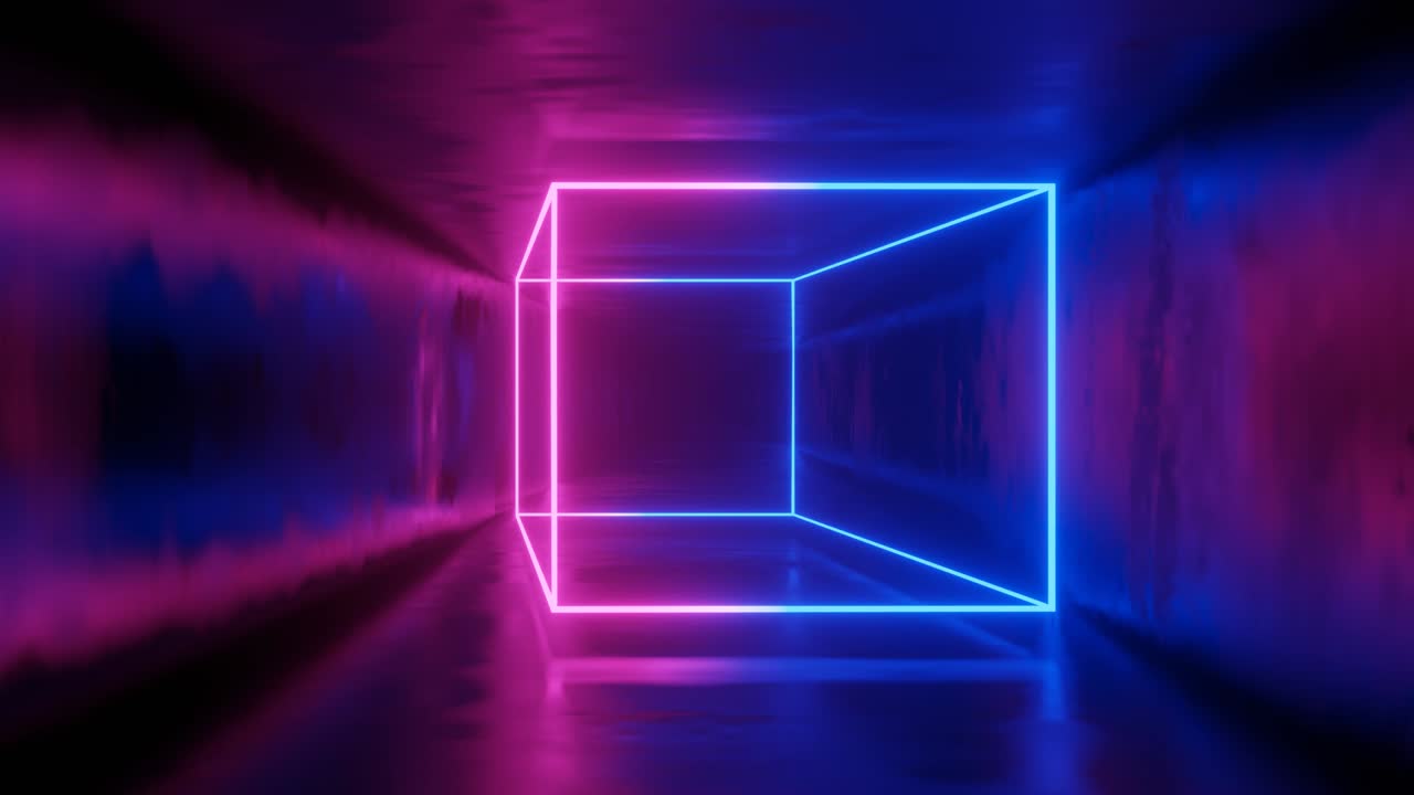 3D-renderöinti. Saumaton visualisointi geometrisen kuvion tai kuution muodonmuutoksesta pitkässä tunnelissa sinisten ja ultraviolettivärien neonhehkuessa