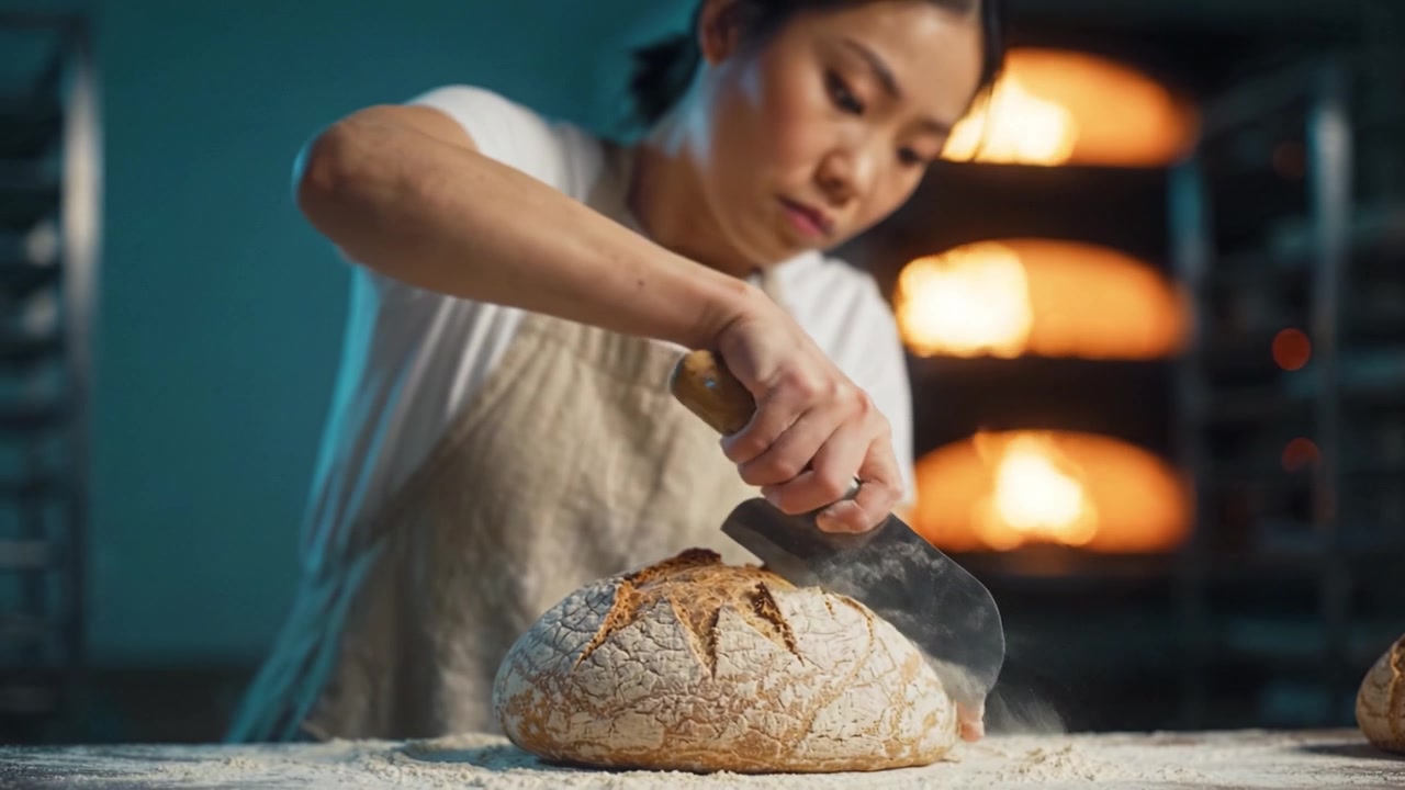 Artisan Baker Skillfully Prepares Freshly Baked Bread with a Sharp Blade in a Warm, Inviting Bakery Setting Surrounded by Fluffy Loaves and Warm Ovens.