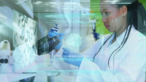 examining animation of holographic brain, scientist working in futuristic lab