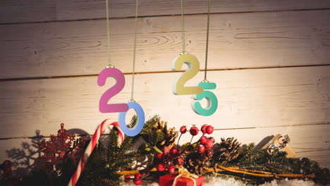 animação de texto de 2025 e decorações de natal em segundo plano