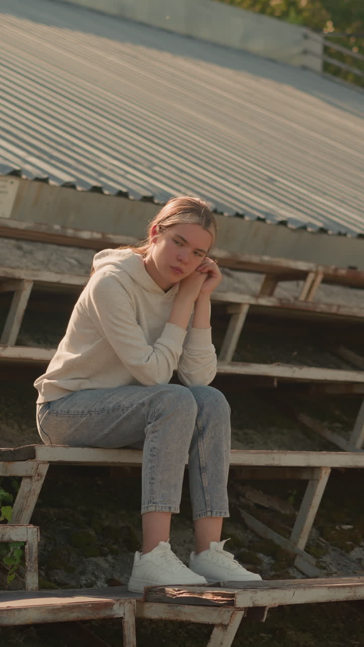 Thoughtful woman in casual hoodie and jeans sitting on rustic stadium bleachers, hands on chin, surrounded by lush greenery in quiet outdoor setting, deep in contemplation