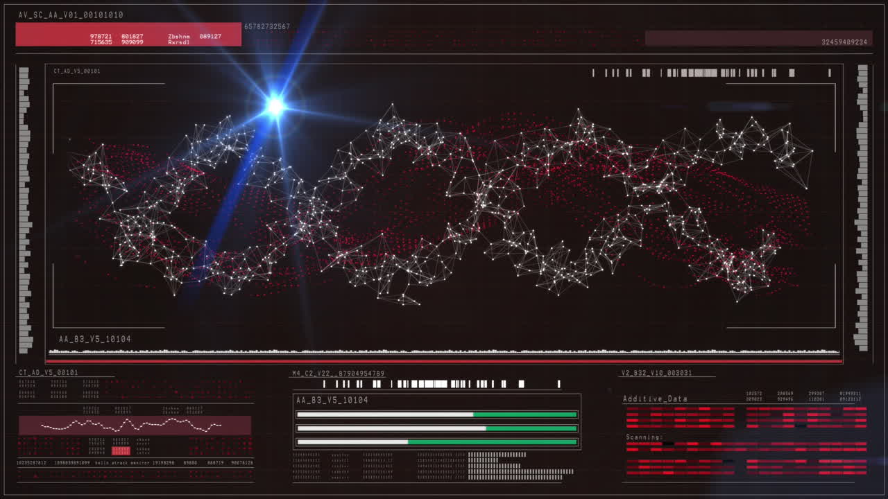 움직이는 불빛의 애니메이션과 디지털 화면에서 과학적 데이터 처리