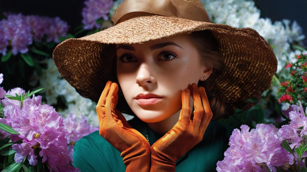 Un ritratto accattivante di una giovane donna con un cappello di paglia, circondata da vivaci composizioni floreali che emanano eleganza e grazia nell'abbraccio della natura.