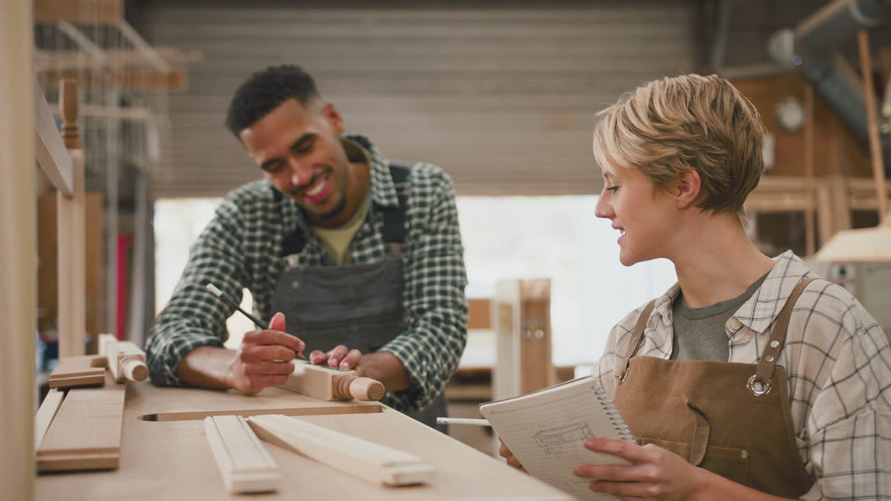 Male And Female Apprentices Working As Carpenters In Furniture Workshop Measure Wood And Take Notes