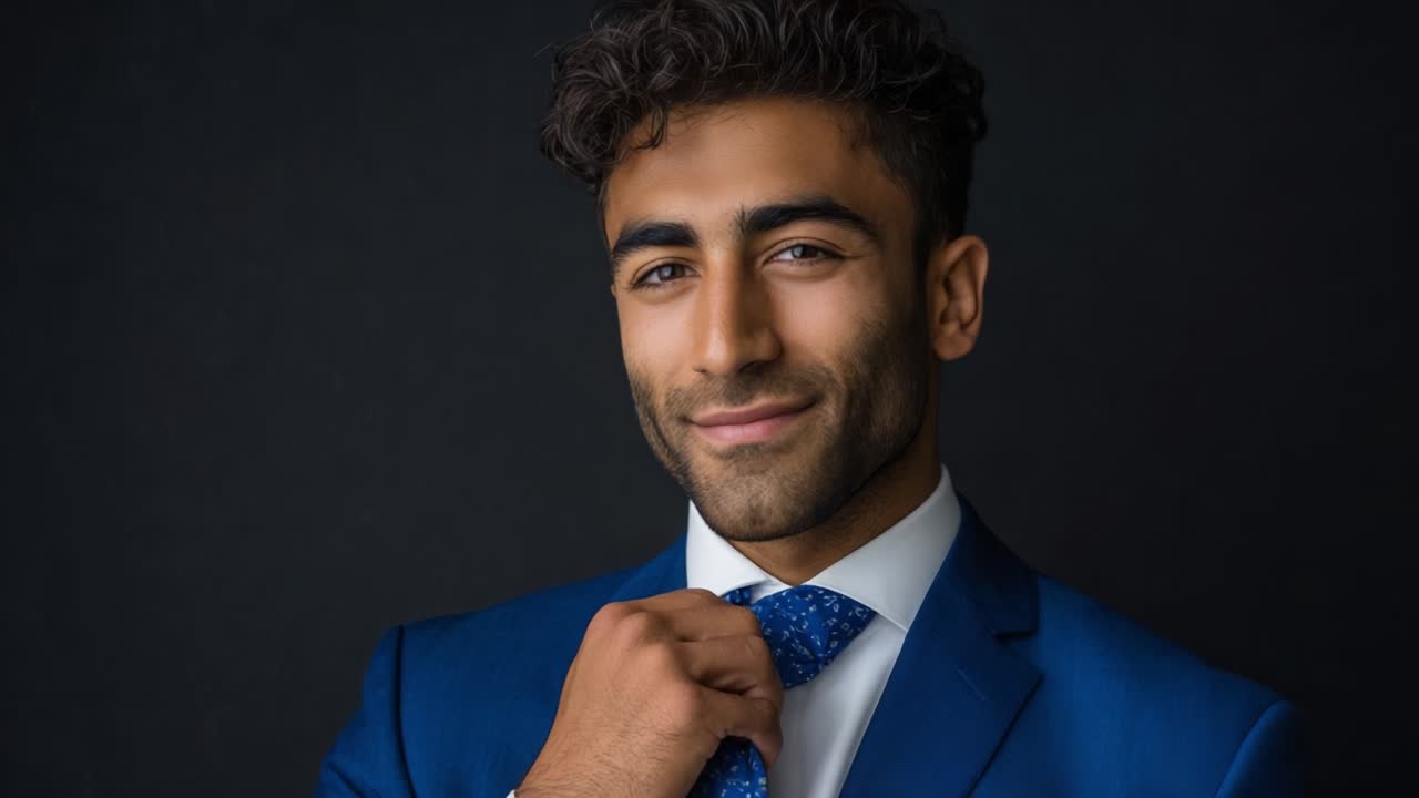 A Confident Young Man in a Blue Suit Adjusting His Tie Against a Dark Background: A Portrait Showcasing Charm, Style, and Professionalism That Reflects Modern Masculinity in an Elegant Setting