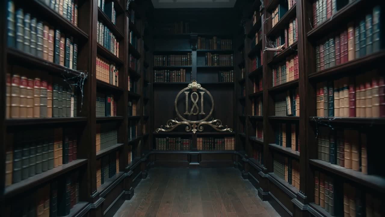 Tracking camera moving forward in wood library, revealing ornate emblem between tall stacks to show