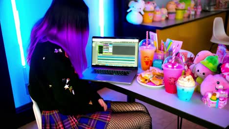 mujer trabajando en la producción musical en un escritorio con temática kawaii