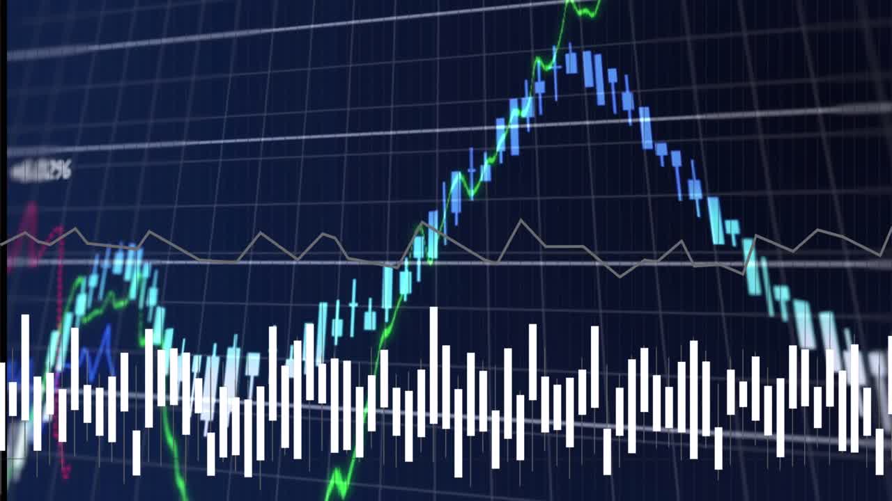 파란색 배경에 있는 그리드 위의 데이터 처리 애니메이션