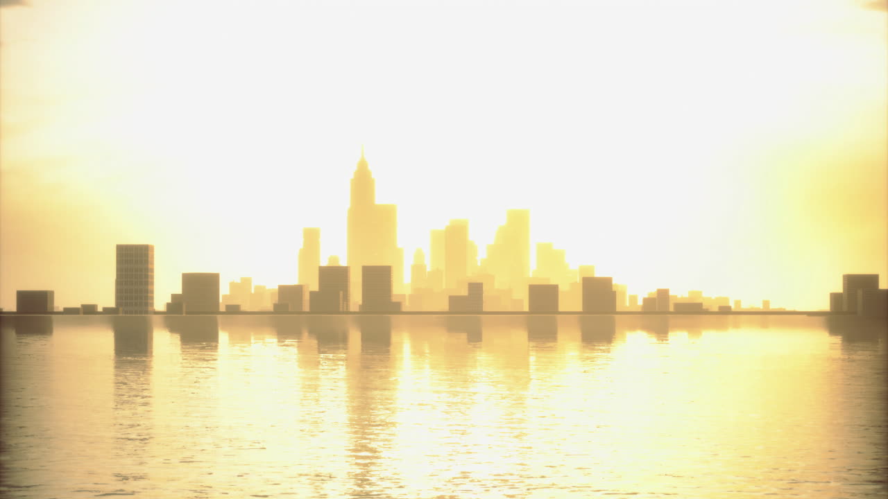 City skyline at sunset reflecting on calm waters creates a serene atmosphere