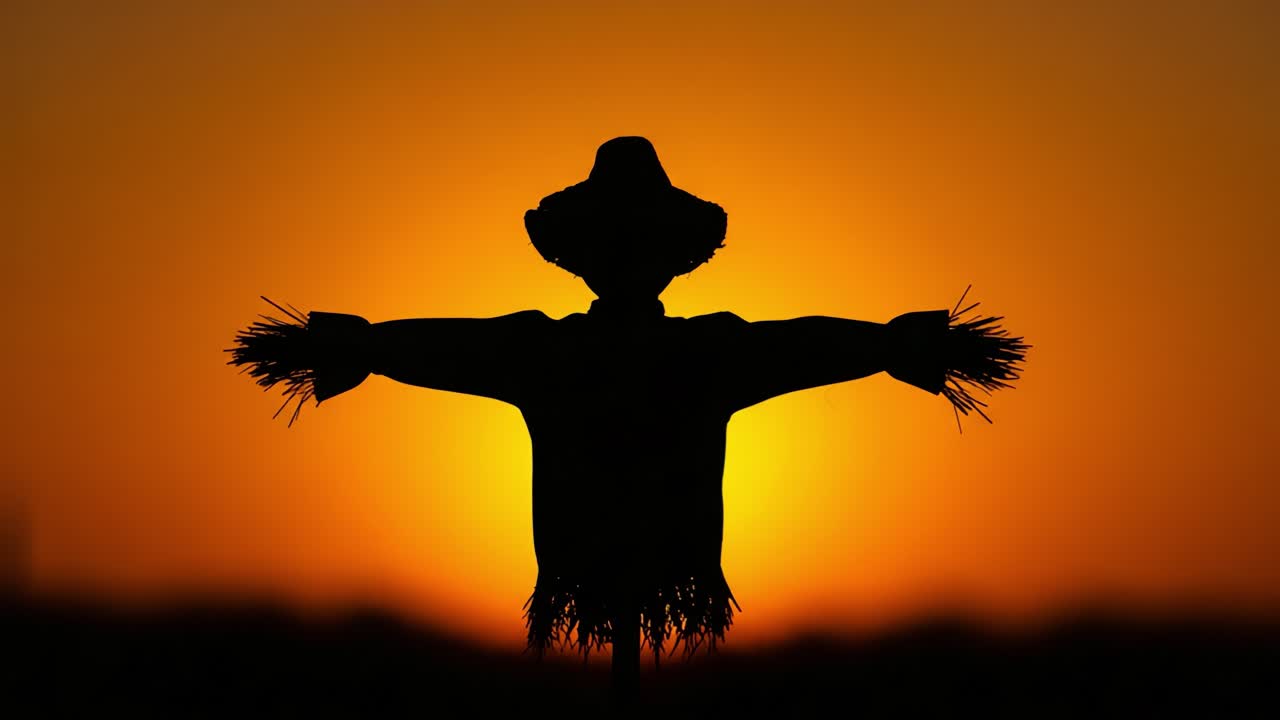 A Striking Silhouette of a Scarecrow Against a Vibrant Sunset, Representing the Essence of Agriculture and Nature's Beauty in a Tranquil Evening Setting