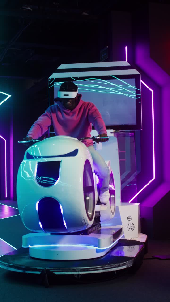 Man experiencing virtual reality on a futuristic simulator