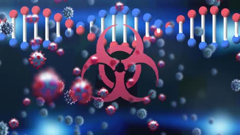 animation of biohazard and dna over blue background with viruses