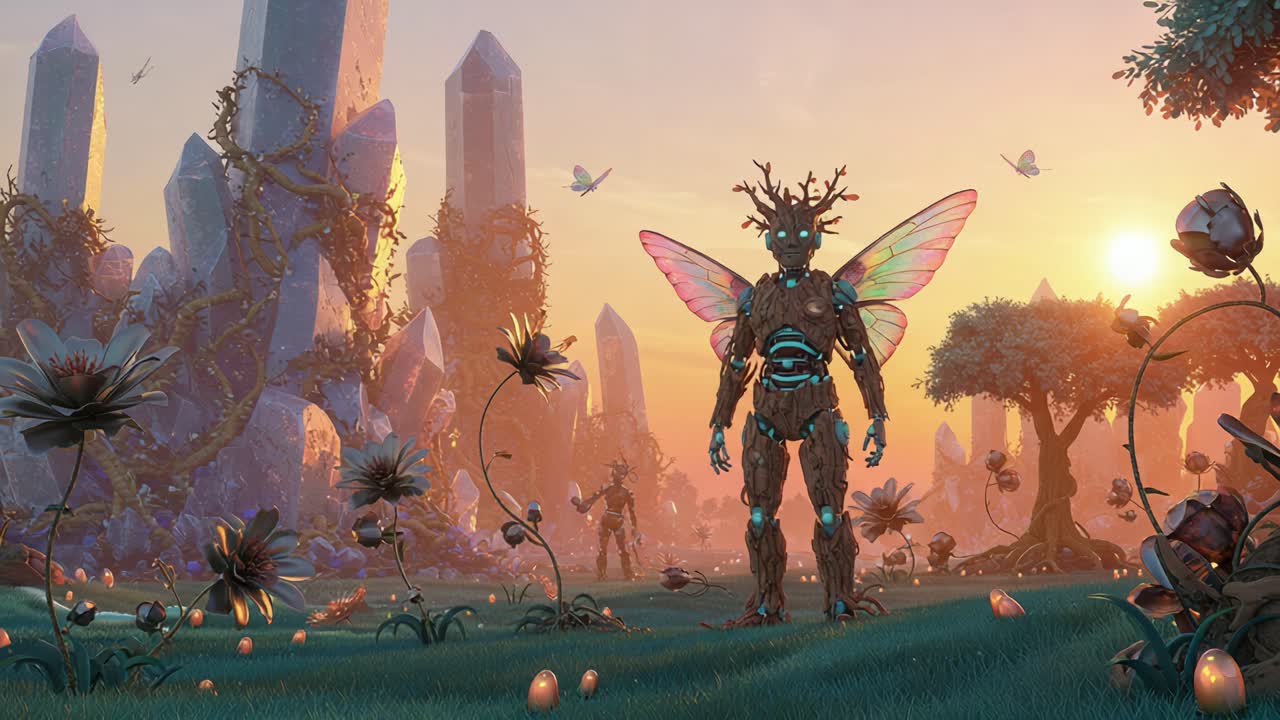 A Mystical Encounter: A Robotic Guardian with Delicate Wings Stands Amidst an Enchanted Landscape of Crystals and Flora at Sunset, Signifying Harmony Between Nature and Technology