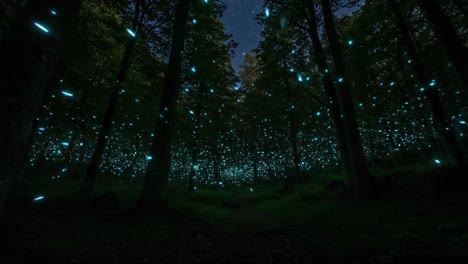 enchanting bioluminescence: a mesmerizing forest illuminated by sparkling glow of fireflies under a starry night sky