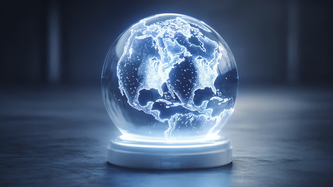 A Captivating View of a Transparent Globe Highlighting the Continents and Oceans with a Glowing Network, Perfectly Lit in a Subtle Dark Environment