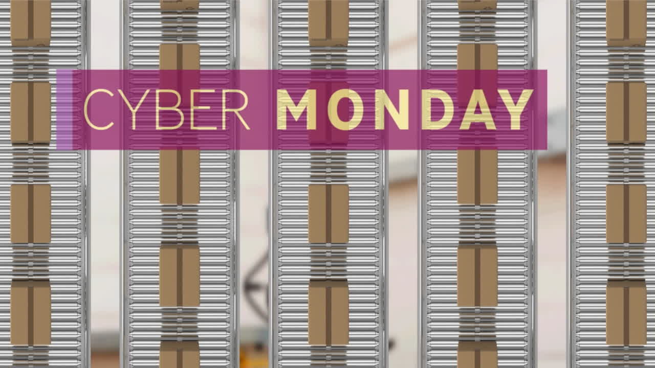 animación del texto del lunes cibernético sobre cajas de cartón en cintas transportadoras