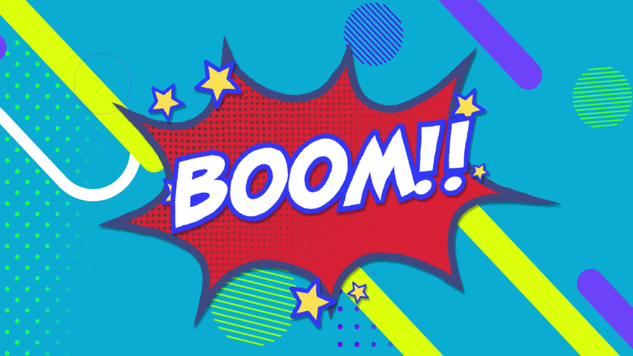 파란색 배경에 별과 추상적인 모양을 가진 빨간색 폭발에 대한  텍스트의 애니메이션