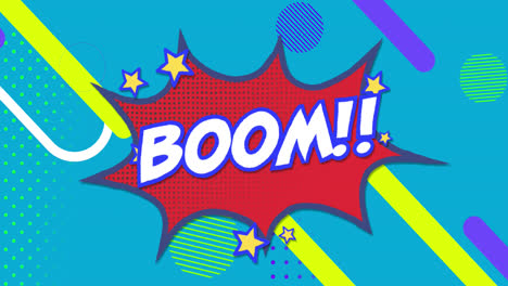 Animation-of-boom-text-on-red-explosion-with-stars-and-abstract-shapes-on-blue-background