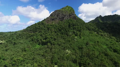 Aerial drone panning around the inland mountains of Rarotonga Island in the Cook Islands